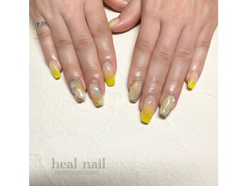 ヒールネイル(heal nail)/yellow×大理石nail