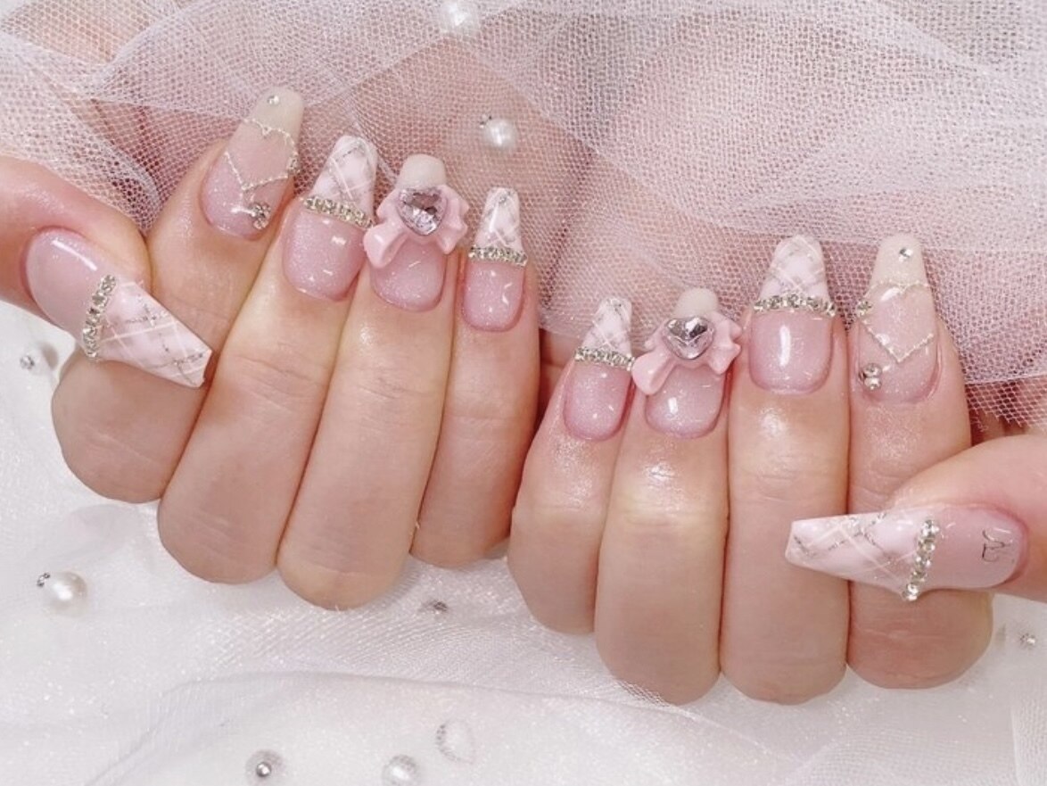 黒フレンチ ガーリー リボン 量産型 ネイルチップ ネイルチップ（つけ