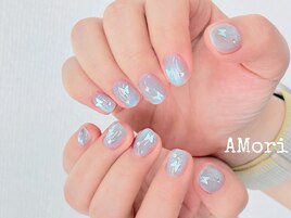 水色マグ×青い蝶々ネイル