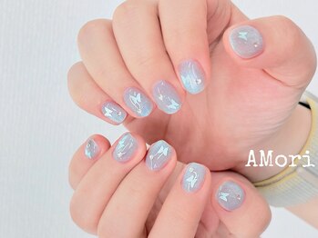 水色マグ×青い蝶々ネイル