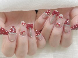 赤リボンドットフレンチネイル