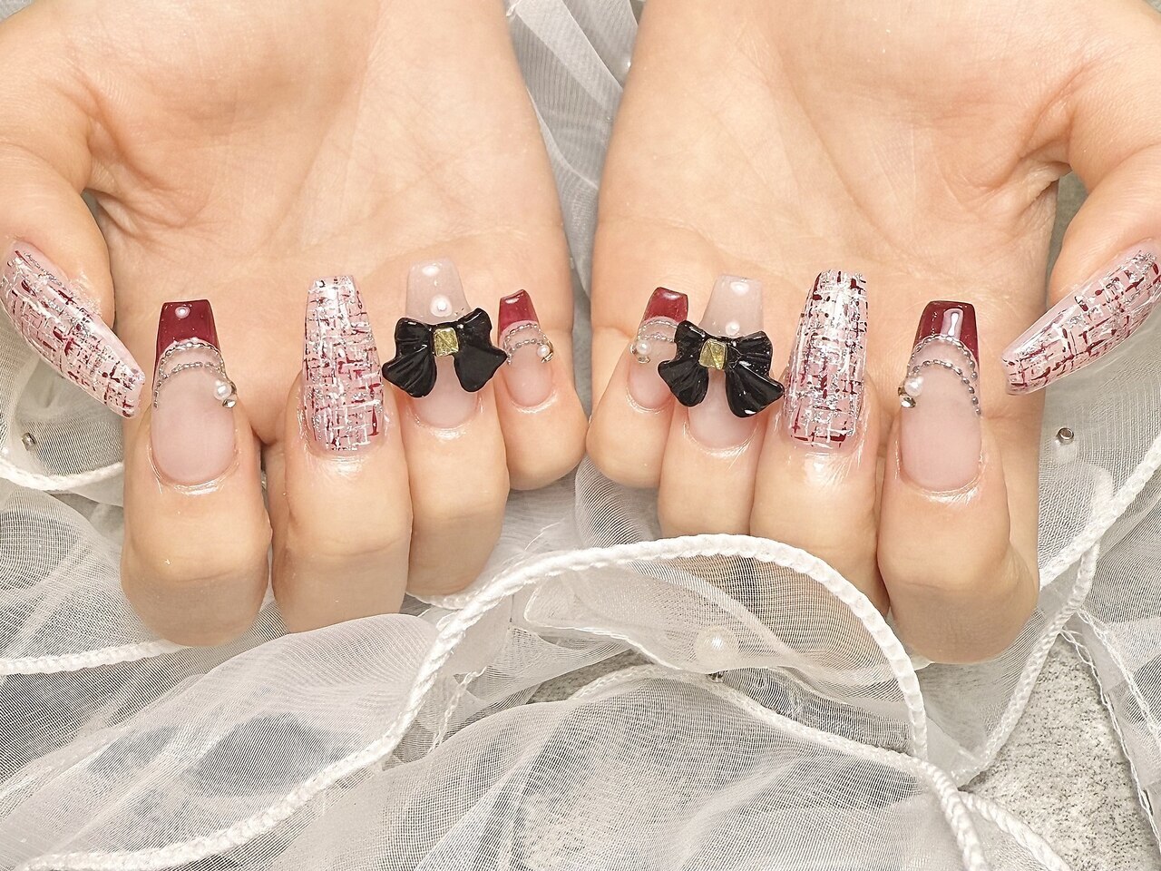 No.119 フレンチガーリーネイル ツイードネイル 冬ネイル ネイルチップ