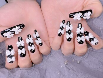 スノーネイルサロン 新宿店(Snow nail salon)/黒白リボン量産型ストーン