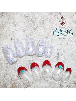 ネイルサロン 阡夜一夜/クリアマーブル☆赤フレンチ