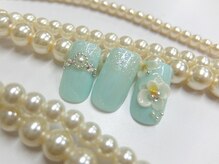 ネイルサロンミキ 横浜(MIKI)/ミントグリーン手書き胡蝶蘭3D花