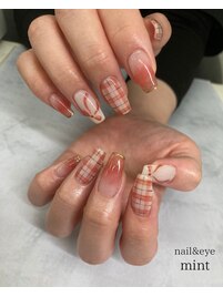 秋チェック×リボンネイル