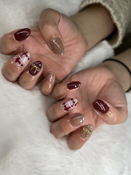 ユニティネイル(Unity nail)/チェック×ボルドー×ラメ