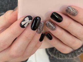 ブラック リボンネイル ラメ