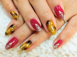 べっ甲ネイル×華やかピンク