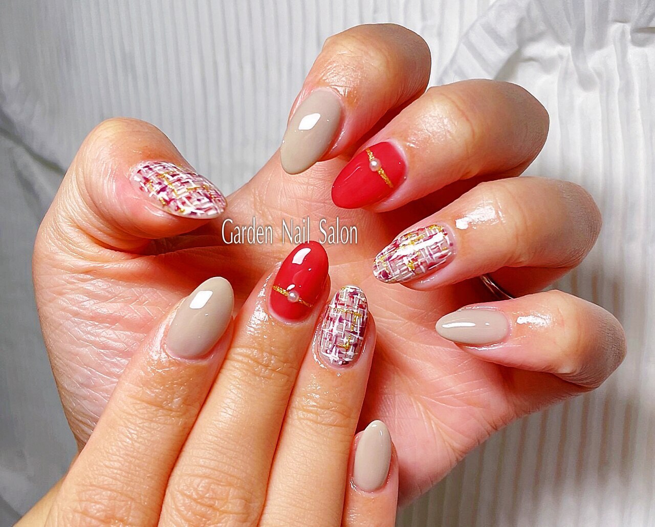 ネイルチップ 量産型 ツイード 赤 推しネイル なまえ オーダーネイル #114 096 量産型 ネイルチップ ワインレッド 赤 オーダー チャーム