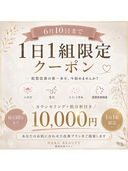 ハクビューティー(HAKU BEAUTY)の写真/【１日1名限定プレミアムクーポン】肌悩みに合わせて的確なメニューをご提案！
