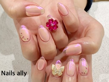 ネイルズアリー 立川店(Nails ally)/クリアフレンチ×ビジュー×春