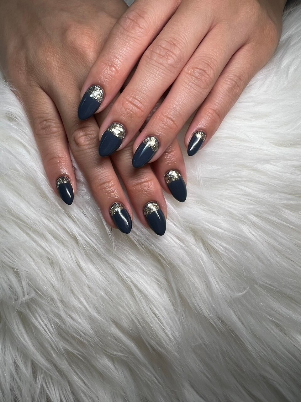 【オーダー】ネイルチップ　韓国ワンホンミラーフレンチネイビーキラキラリボンドット オーダー】ネイルチップ 韓国ワンホンミラーフレンチネイビーキラキラ