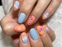 レディグリッター(Lady glitter)/夕日の海とお花ネイル