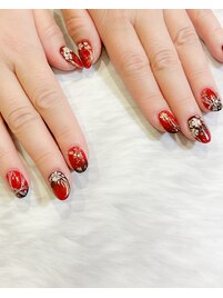 桜柄の赤黒和柄ネイル