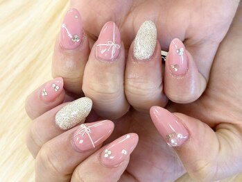 ディーネイル 池袋(D-nail)/【森】キラキラ リボンネイル