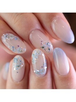 ピオニーネイル(peony nail)/ブルー　爽やか押し花