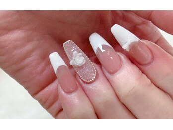 春ネイル・白フレンチ・リボン