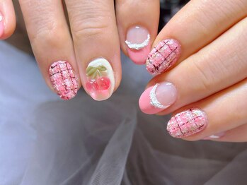 ネイルサロン リン(Lin)/ツイード　さくらんぼネイル