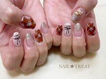 ネイルトリート 茨木駅前店(NAIL TREAT)/リボン×チェック手描きデザイン