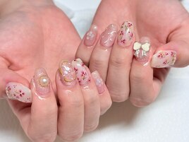 春ネイル、手書き花デザイン