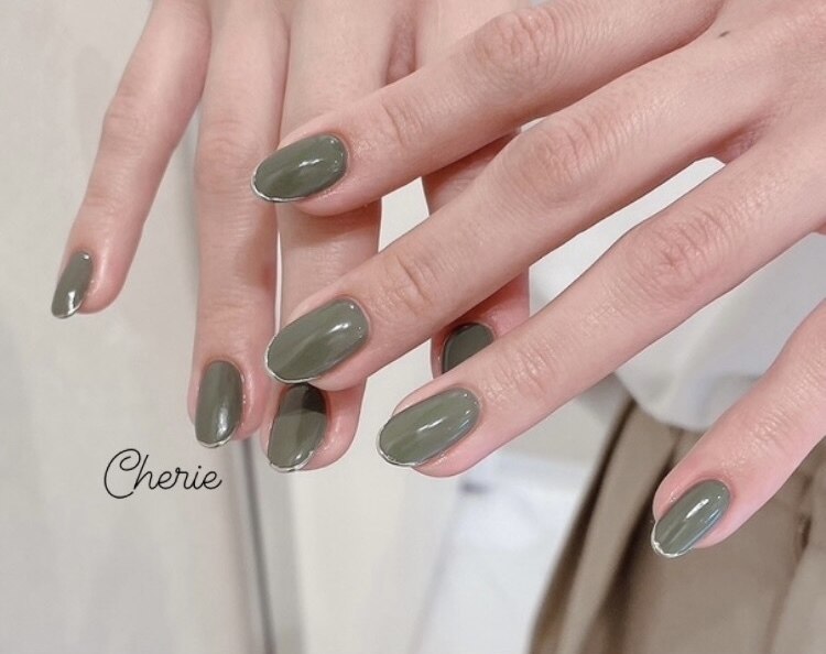 39］ネイルチップ マグネットネイル フレンチ 秋ネイル グリーン