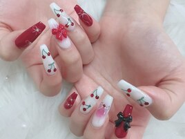 さくらんぼネイル　リボンネイル