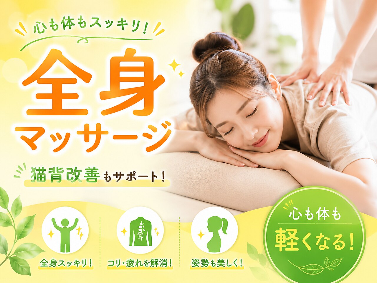 人気NO.2【全身マッサージはこちら】猫背も一緒に改善　60分　\7,150→\3,300