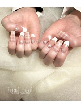 ヒールネイル(heal nail)/白french×チェック柄×perl