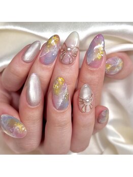 リノネイル(Lino Nail)/春色ニュアンスにリボンをON
