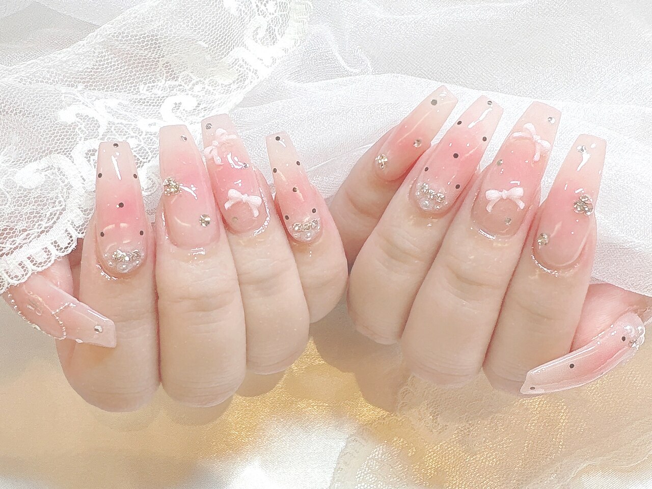 ネイルチップフレンチガーリーウィッシュコアドットリボン韓国 ネイルチップフレンチガーリーウィッシュコアドットリボン韓国