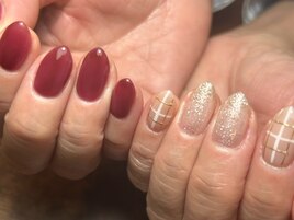 ボルドー＋チェックネイル♪