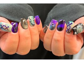 purple ×green unique nails