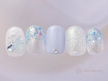 ネイルメゾン 渋谷店(NAIL MAISON)/水色ラメグラ薔薇リボン¥6500