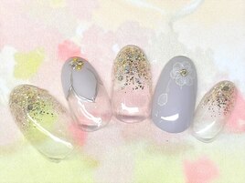 手描き　花　フレンチ　キラキラ