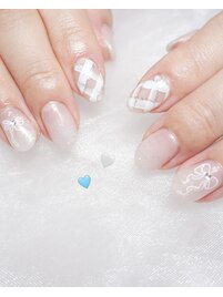 チェックネイル　リボンネイル