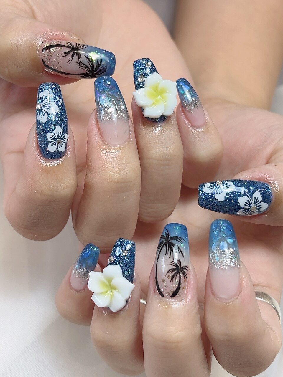 ネイルチップ 成人式 振袖 着物 和装 和柄 和花 花 フラワー 青 ネイル