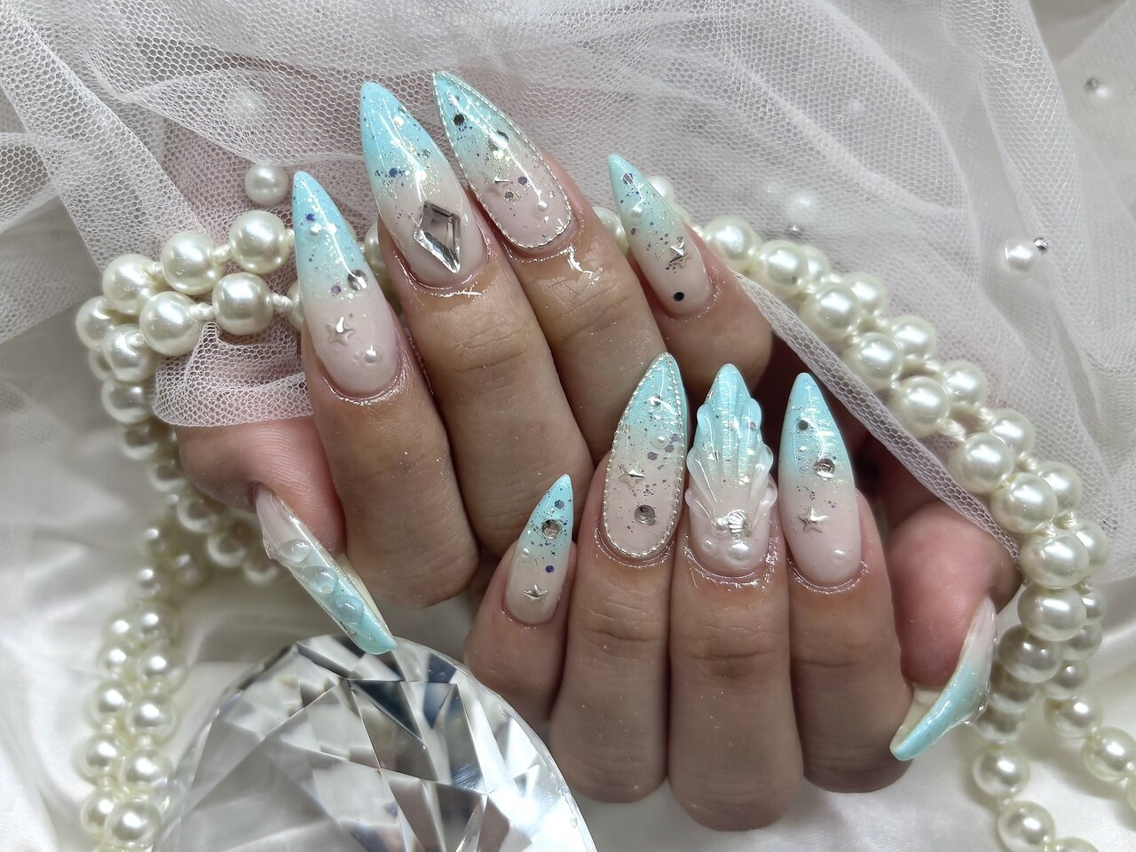 ネイルチップ ガーリー 量産型 チェック 青 水色 ワンホン #40 量産 型