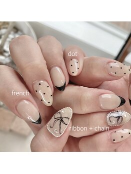 アースコアフュールボーテ ひたち野うしく店(EARTH coiffure beaute)/フレンチ×ドット×手描きリボン