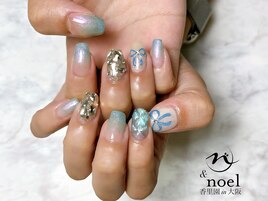偏光ブルー×リボンネイル
