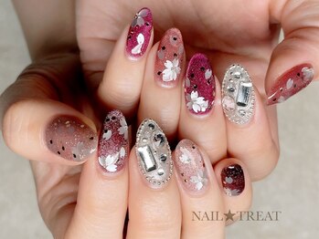ネイルトリート 茨木駅前店(NAIL TREAT)/桜ホロ＆赤マグネットビジュー