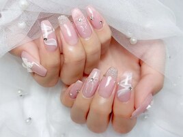 リボンネイル　ピンク　ワンホン