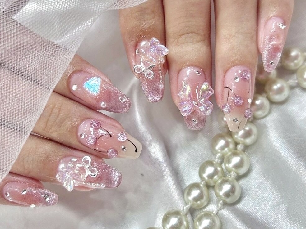 262 】 さくらんぼネイル マグネット ラメ 春 かわいい ピンク アゲハ