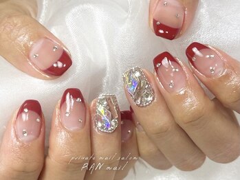RANnail/赤フレンチ×ビジューネイル
