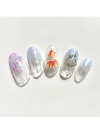 手描き　金魚　夏　花火