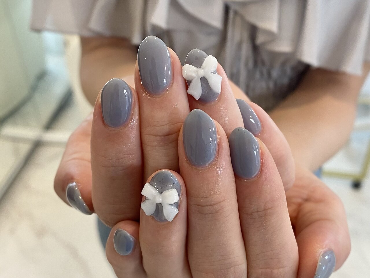 【オーダー】ネイルチップ　韓国ワンホンミラーフレンチネイビーキラキラリボンドット オーダー】ネイルチップ韓国ワンホンミラーフレンチネイビーキラキラ