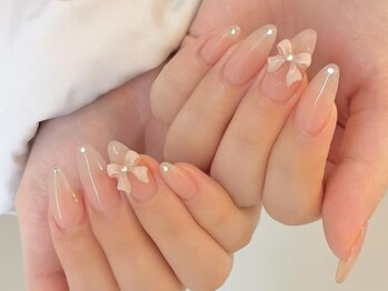 ランド ネイル 博多(LAND)/ワンカラー × リボン &nbsp;-by mio