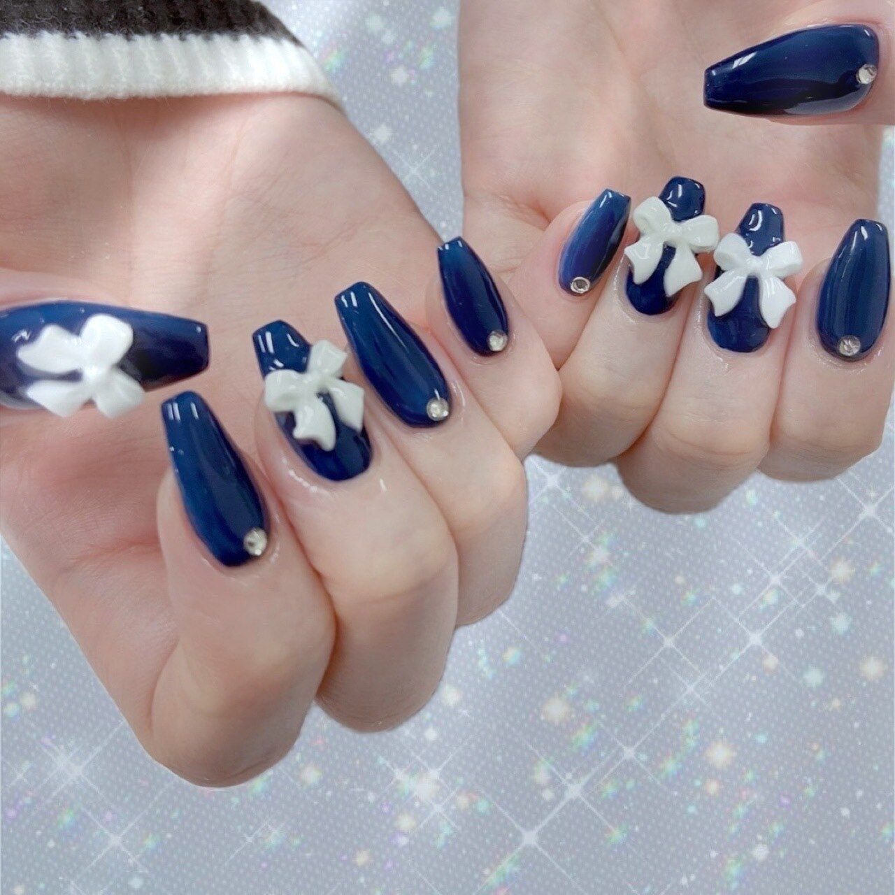 【オーダーページ】ネイルチップ　韓国　ネイビー　リボン　ストーン オーダーページ】ネイルチップ 韓国 ネイビー リボン ストーン ネイル
