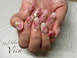 桃ネイルにゴールドライン☆