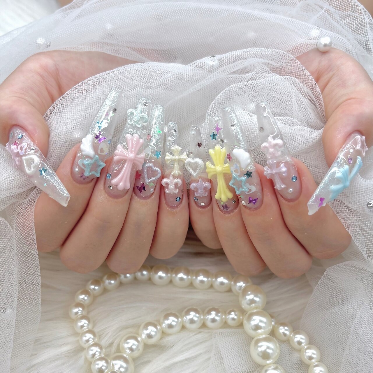 【オーダー専用】　マグネットネイル　ギャル　ロングネイル　ちゅるん　十字架 ネイルチップ ギャルネイル ロングネイル マグネット ブラック